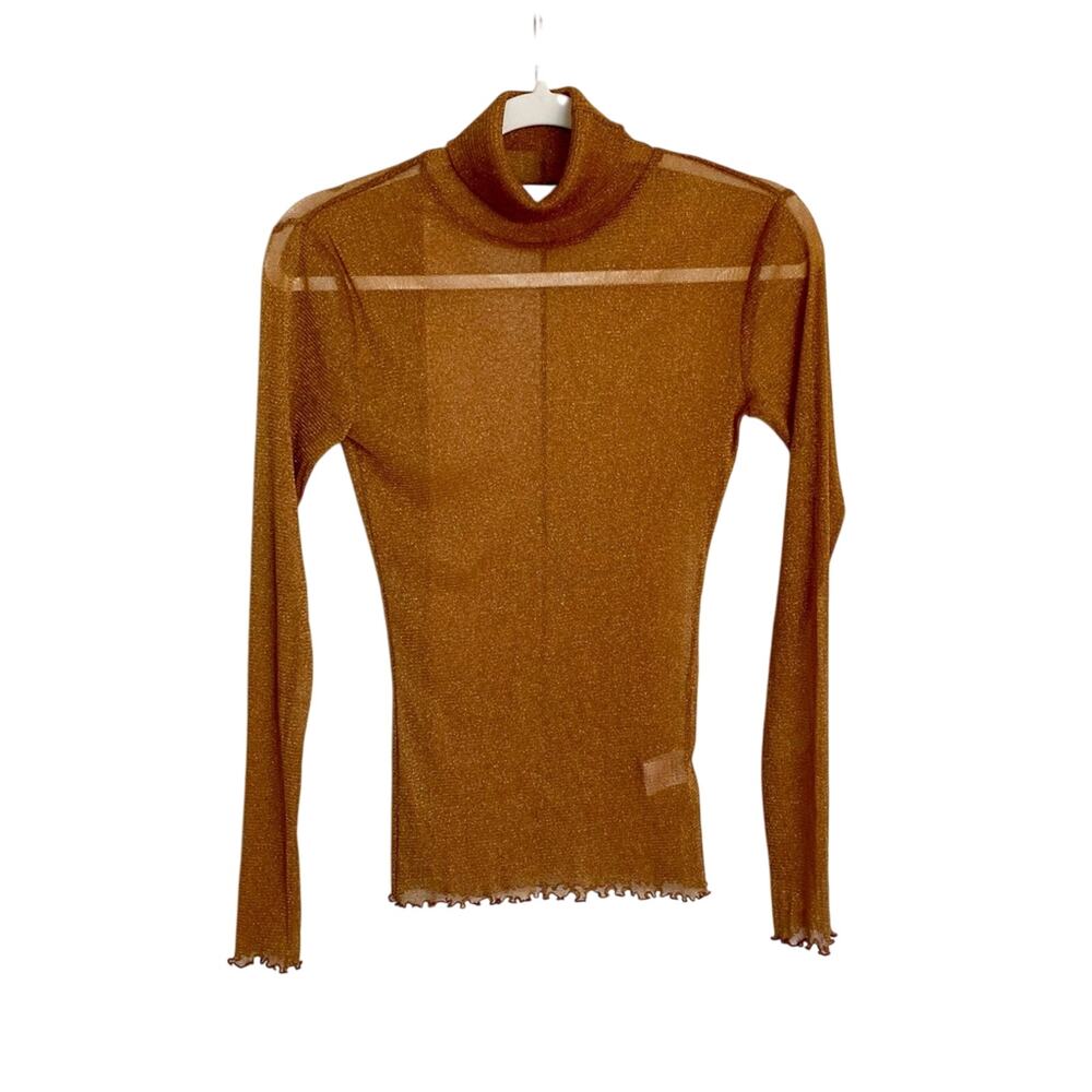 Jonathan Simkhai Romantic Modern Turtleneck Sheer Lurex Mesh Lettuce Trim Top